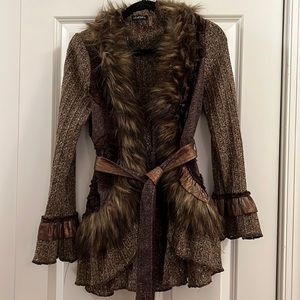 Gabby & Eden sweater jacket belted faux fur ruffle collar and cuffs size S
